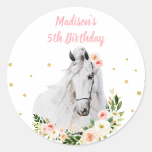 Horse Rosa Blommigt Cowgirl Birthday Runt Klistermärke