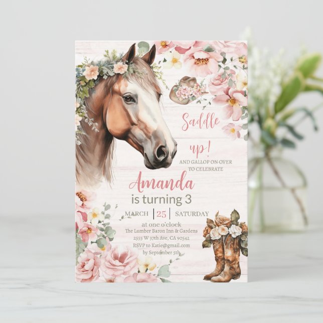 Horse Rosa Blommigt Girl Girl Saddle Up Cowgirl Bi Inbjudningar (Stående Fram)