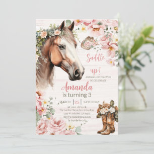 Horse Rosa Blommigt Girl Girl Saddle Up Cowgirl Bi Inbjudningar