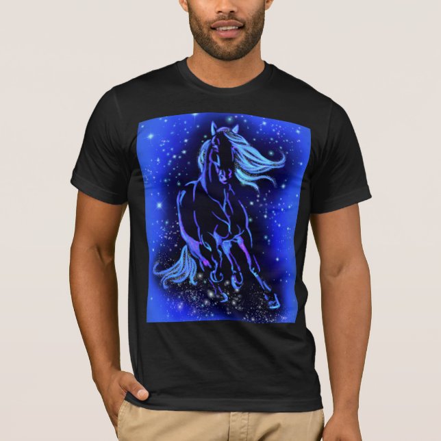 Horse Running T-Shirt Blue Moonlight Starry Night (Framsida)