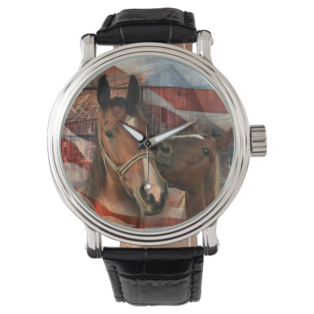 Horse Rustic Barn American Flagga Armbandsur (Framsida)