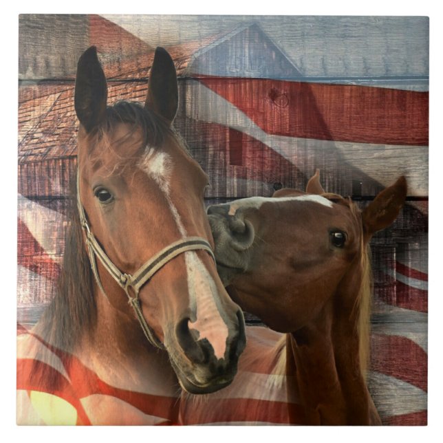 Horse Rustic Barn American Flagga Kakelplatta (Framsidan)
