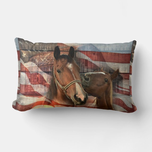 Horse Rustic Barn American Flagga Lumbarkudde (Framsida)