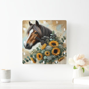 Horse Rustic Sunblommor Fyrkantig Klocka