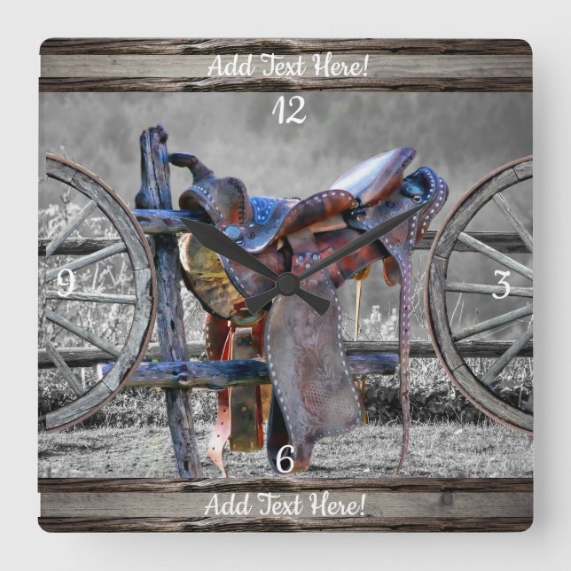 Horse Saddle Corral Fence Western Wagon Hjul  Fyrkantig Klocka (Framsida)