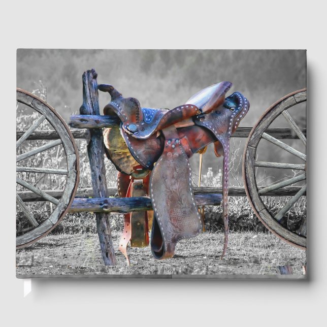 Horse Saddle Corral Fence Western Wagon Hjul Gästböcker (Framsida)