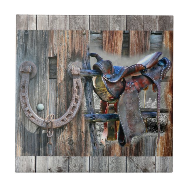 Horse Saddle Horseshoe Rustic Western Kakelplatta (Framsidan)