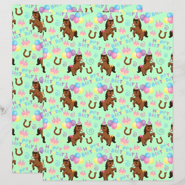 Horse Scrapbook Paper in Green (Fram/baksida)