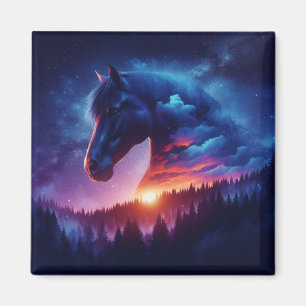 Horse Silhouette i ett solskog liggande Magnet