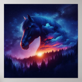Horse Silhouette i ett solskog liggande Poster