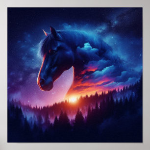 Horse Silhouette i ett solskog liggande Poster