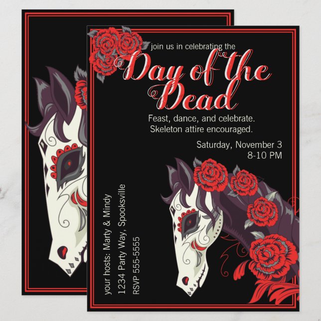 Horse Skull med Röd ros Dias de los Muertos Inbjudningar (Fram/baksida)