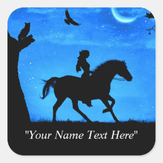 Horse Sticker med Girl Riding och Uggla Whimsical Fyrkantigt Klistermärke