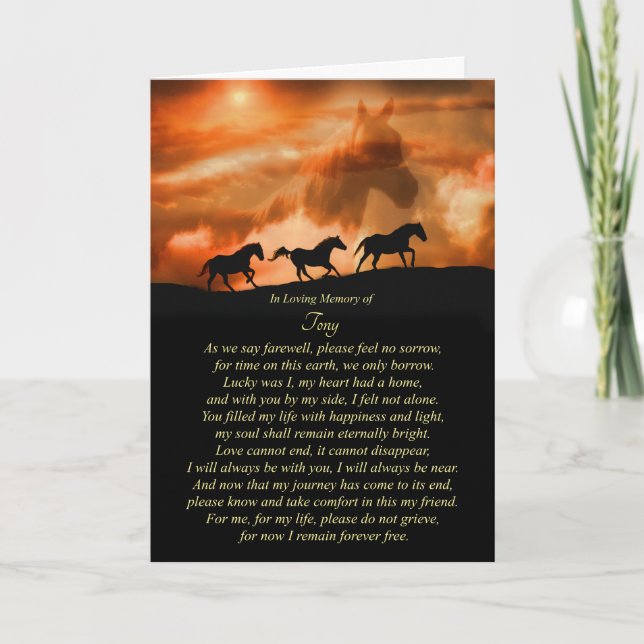 Horse Sympathy Andlig Dikt Custom Name Memorial Kort (Framsida)