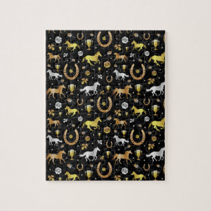 Horse Tävla Horseshoes Derby Mönster Black Guld Pussel