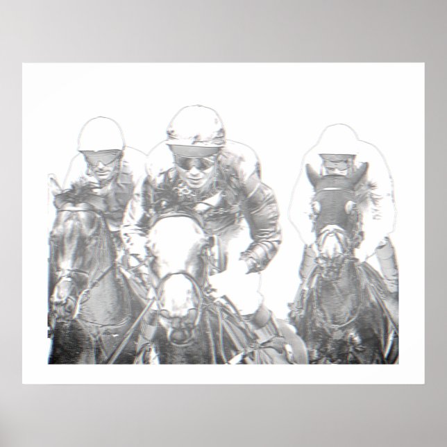 Horse Tävla Jockey Riding Black White Skriv ut Poster (Framsidan)