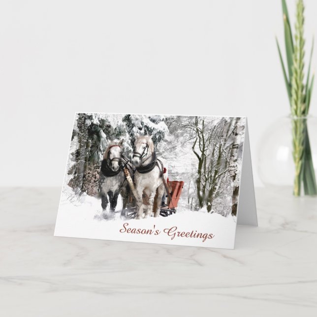 Horse Team Sleigh Ride through Snowy Skogen Helgkort (Framsida)