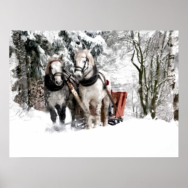 Horse Team Sleigh Ride through Snowy Skogen Poster (Framsidan)