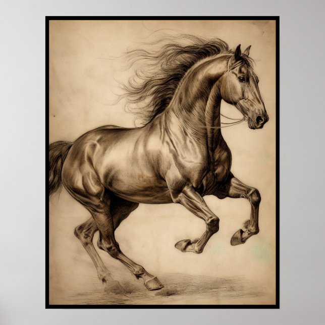 Horse teckning, kolpenna poster (Framsidan)