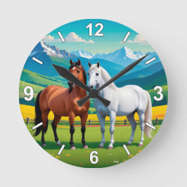 Horse Wall Clock – White and Brown Horses Nature H Rund Klocka