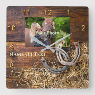 Horse Wall Clock with Horse's Bild, Namn Fyrkantig Klocka