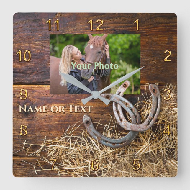 Horse Wall Clock with Horse's Bild, Namn Fyrkantig Klocka (Framsida)