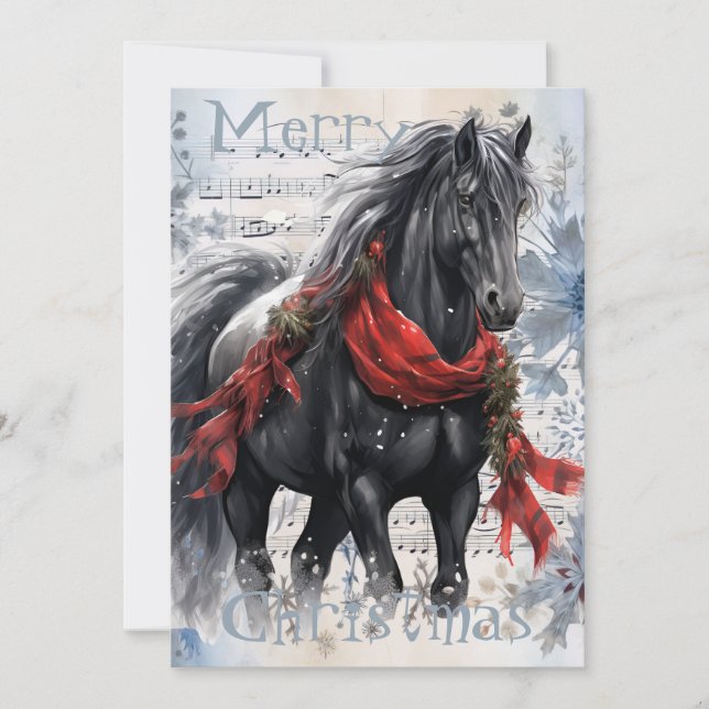 Horse Winter-julets vattenfärg Julkort (Framsida)