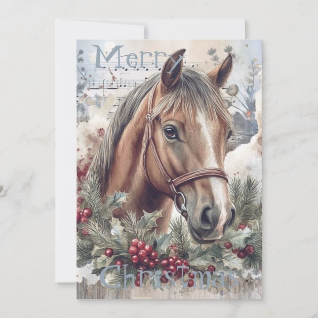 Horse Winter-julets vattenfärg Julkort (Framsida)