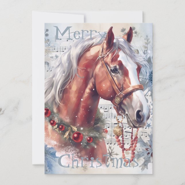 Horse Winter-julets vattenfärg Julkort (Framsida)