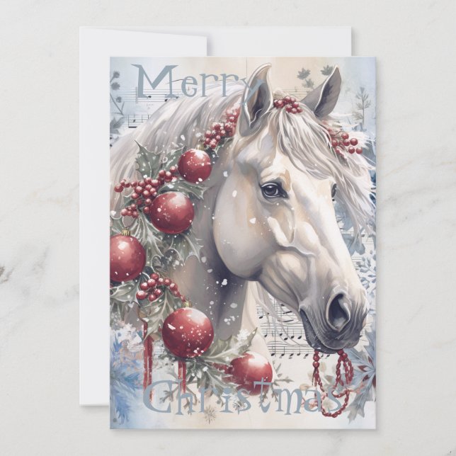 Horse Winter-julets vattenfärg Julkort (Framsida)