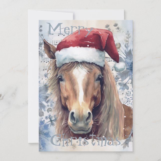 Horse Winter-julets vattenfärg Julkort (Framsida)