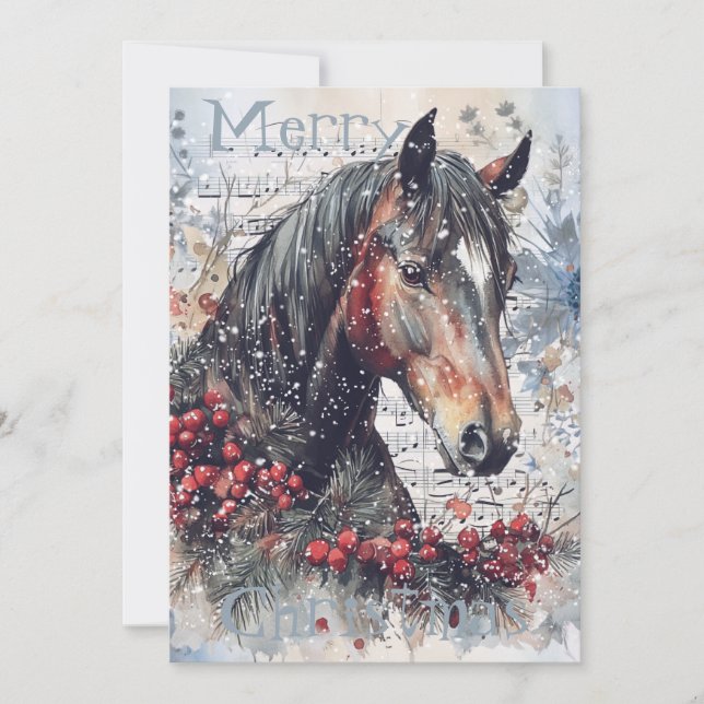 Horse Winter-julets vattenfärg Julkort (Framsida)