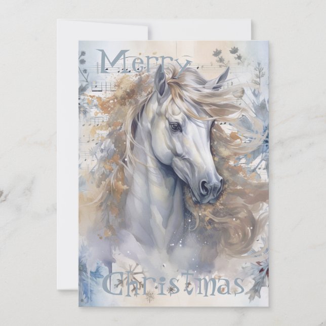 Horse Winter-julets vattenfärg Julkort (Framsida)