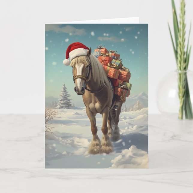 Horse with Christmas presents in the snow Kort (Framsida)