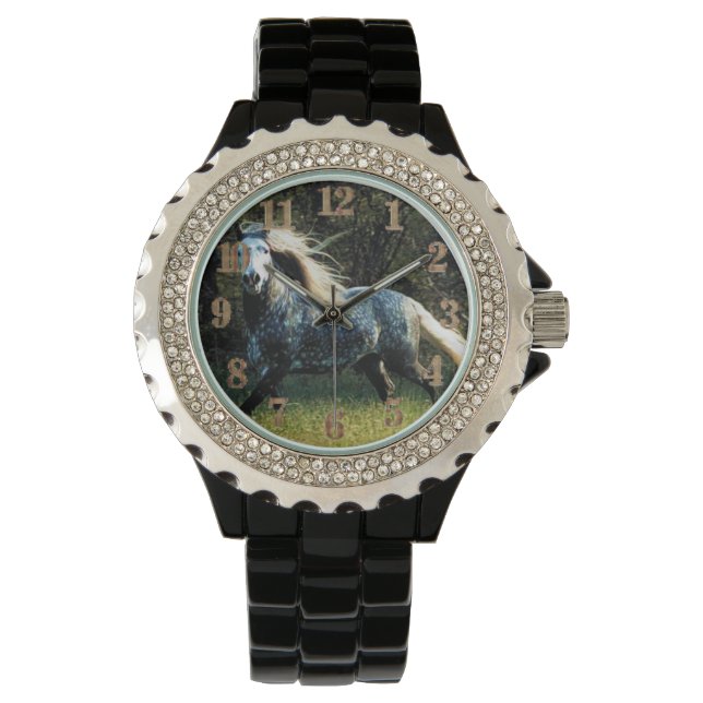 Horse Women's Rhinestone Black Enamel Watch Armbandsur (Framsida)