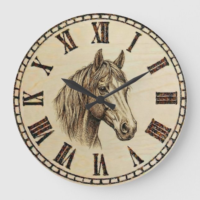 Horse Wood Burned Wall Clock Stor Klocka (Framsida)