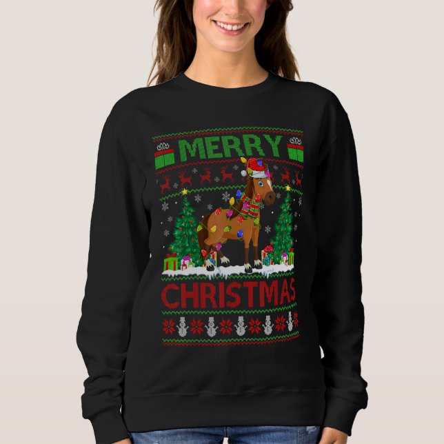 Horse   Xmas Tree Lights Ugly Santa Horse Christma T Shirt (Framsida)