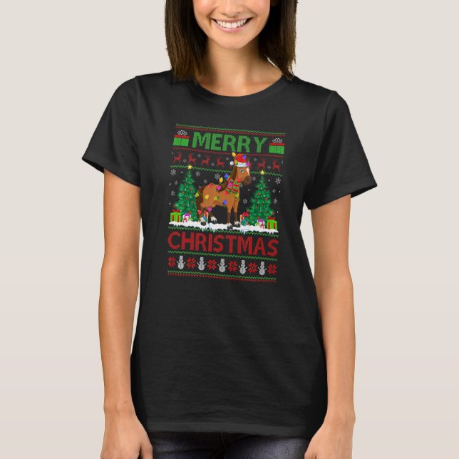 Horse  Xmas Tree Lights Ugly Santa Horse Christmas T Shirt (Framsida)
