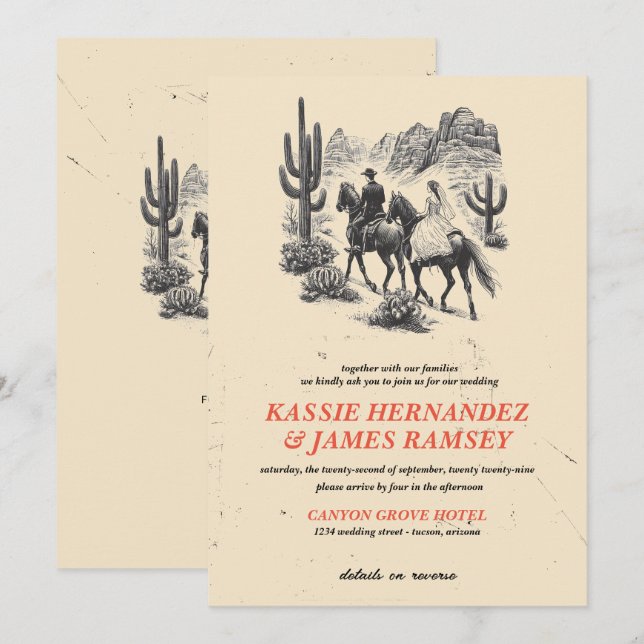 Horseback Canyon Couple med QR-kod Bröllop Inbjudningar (Fram/baksida)