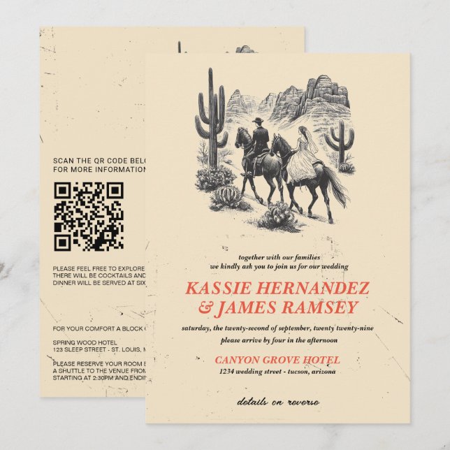 Horseback Canyon Couple med QR-kod och information Inbjudningar (Fram/baksida)