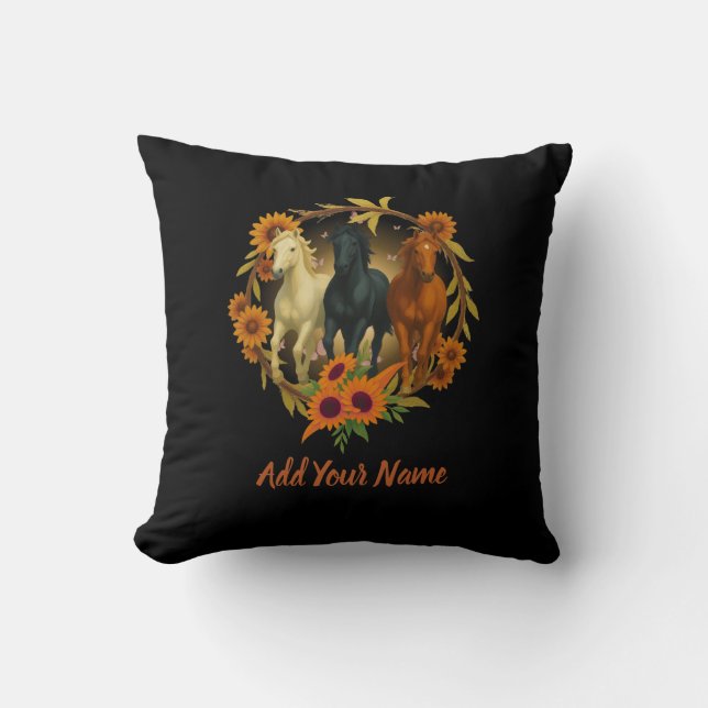 Horses and Sunflowers Throw Pillow Kudde (Framsida)