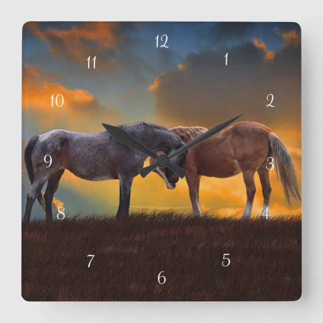 Horses Fantasy Surreal Sunrise Palomino Roan Fyrkantig Klocka (Framsida)