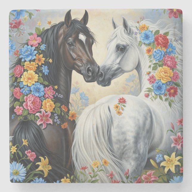  Horses framed in flowers Coaster Stenunderlägg (Framsidan)
