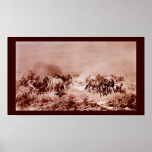 HORSES GRAZZING Antique Brown,Sepia Poster