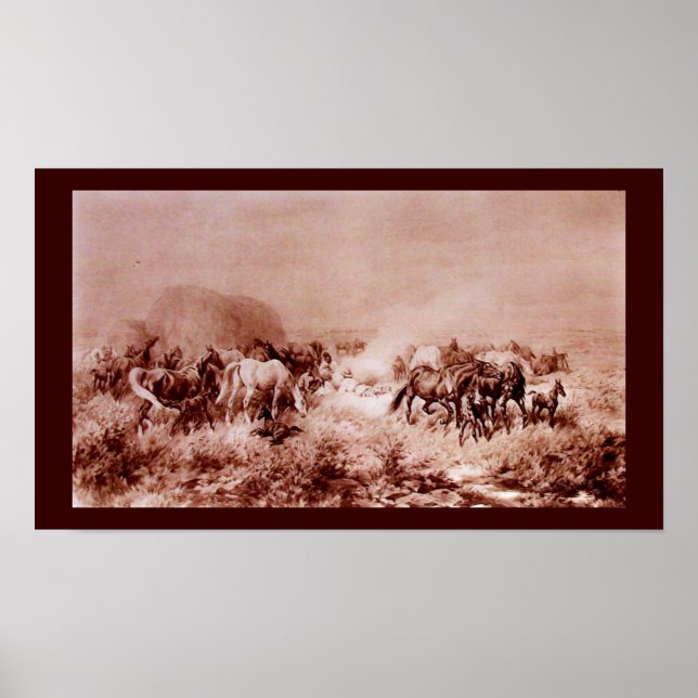 HORSES GRAZZING Antique Brown,Sepia Poster (Framsidan)