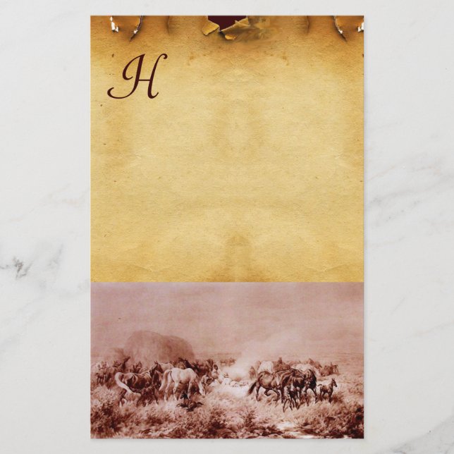 HORSES GRAZZING PARCHMENT MONOGRAM Brown Sepia Brevpapper (Framsida)