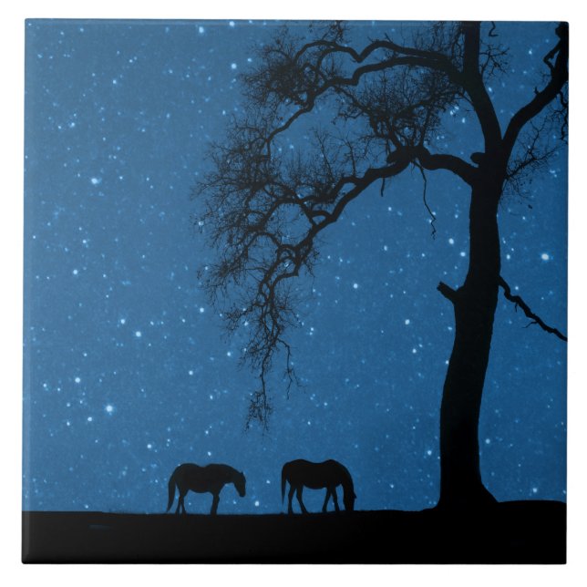 Horses Oak Träd och Night Himlar Kakelplatta (Framsidan)