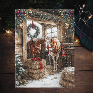 Horses Plaid Country Christmas Winter Barn Scene Helg Vykort