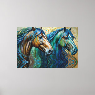 Horses Teal blue grönt Brown Canvastryck