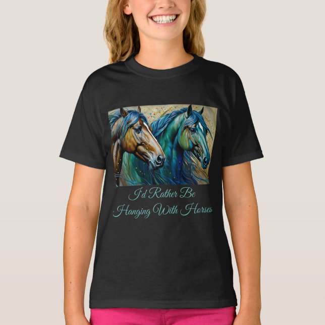 Horses Teal blue grönt Brown T Shirt (Framsida)
